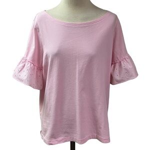 J. CREW Feminine Summer basic Preppy Top Eyelet Ruffle Sleeve Large Light Pink